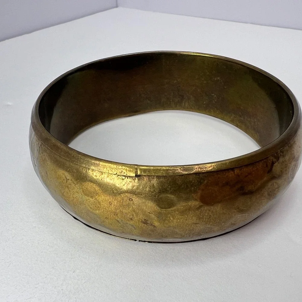 Vintage Hammered Brass Bangle Bracelet Handcrafted Jewelry Boho 70s Chunky Retro
